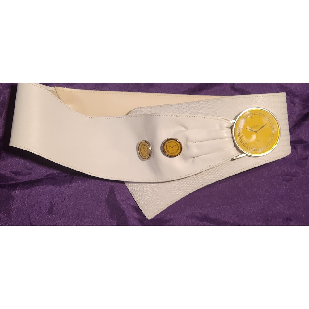 Vintage White Leather Wide Waist Belt Yellow Watch Face Buckle Size M/L